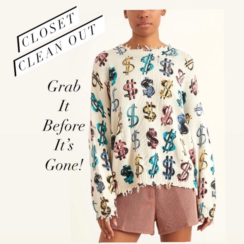 R13 Multicolor Dollar Sign Distressed Cotton Oversized Sweater